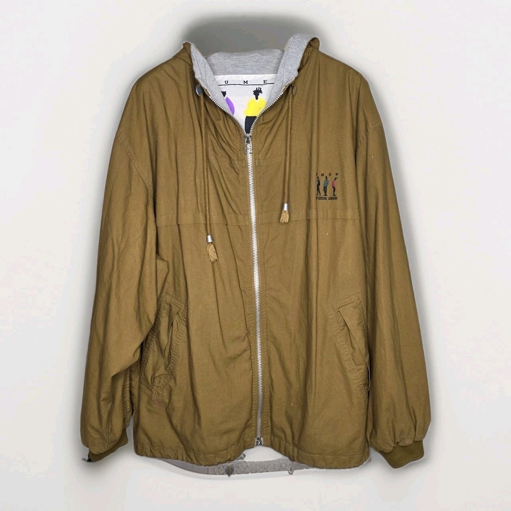 Vintage Umen Studio Lined Hooded Zip Up Jacket Large Brown Cotton Canvas